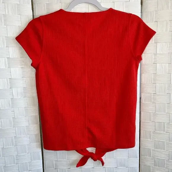 J Crew Cotton Button Down Tie Front Short Sleeve Shirt Red Women’s Size XXS - Picture 8 of 9